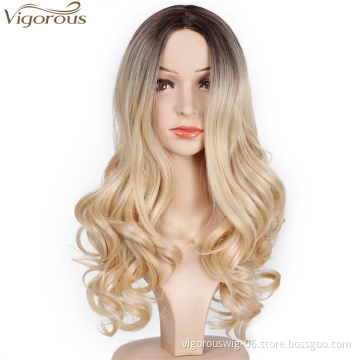 Vigorous Honey Blonde Wig Synthetic Long Wavy Wigs Ombre Middle Part Heat Resistant Fiber Hair Wig for Cosplay Daily Party Women